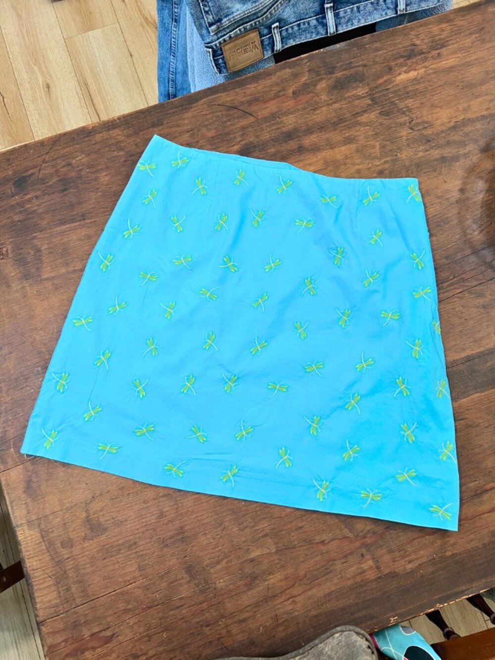 Talbots NWT Aqua Blue Dragonfly Embroidered Lightweight Cotton A-Line Skirt 16